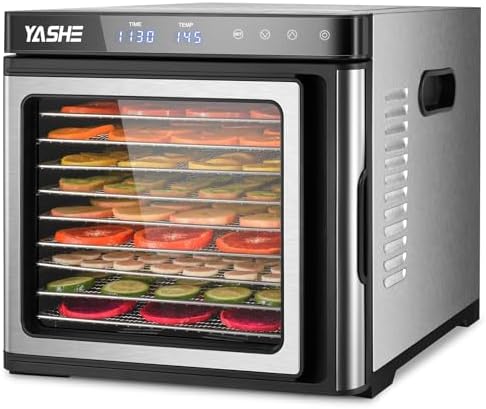 YASHE Food Dehydrator Machine, 9-Tray Stainless Steel Jerky Dehydrator, 1000W Food Dryer with Adjustable Timer & Temperature, Recipes Included for Meat, Fruits, and Herbs