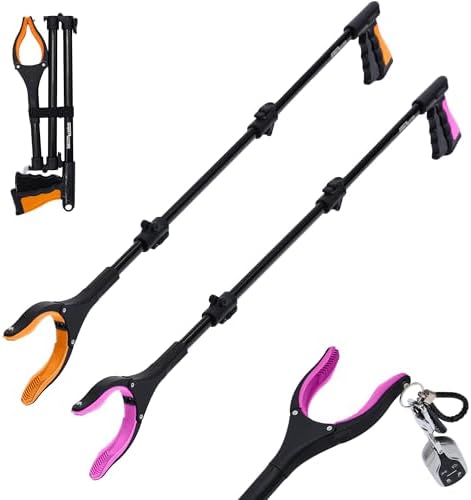 38" Extra Long Grabber Reacher Tool – 2 Pack Foldable Reacher Grabber Pickup Tools for Seniors, Disabled, Trash Pickup, and Hard-to-Reach Areas, Ergonomic Grip & Lightweight Design（Orange Pink）