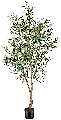 7ft Faux Olive Tree - Fake Potted Olive Silk Tree with Planter Natural Olive Branches and Realistic Leaves Artificial Tree for Home House Office Decor Indoor