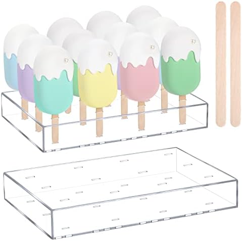 Gejoy 2 Pcs Cakesicle Stand Display Acrylic Cake Pop Stand Reusable Cake Pop Holder Clear Lollipop Holder and 100 Pcs Wood Ice Cream Sticks for Birthday Wedding Baby Shower Parties Dessert Table