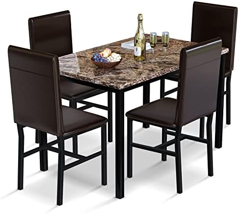 AWQM 5 Piece Dining Table Set for 4,Faux Marble Kitchen Table and Chairs for 4, Modern Dining Room Table with 4 Chairs,Dinner Table Set for Small Spaces, Brown
