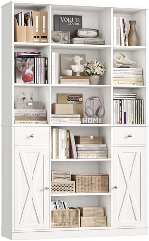 HOSTACK 74" Tall Book Shelf and Bookcase, 45" Wide Bookcase with Doors and Drawers, Modern 6 Tier Bookshelf with Storage, Large Wood Display Cabinet with Adjustable Shelves for Home Office, White