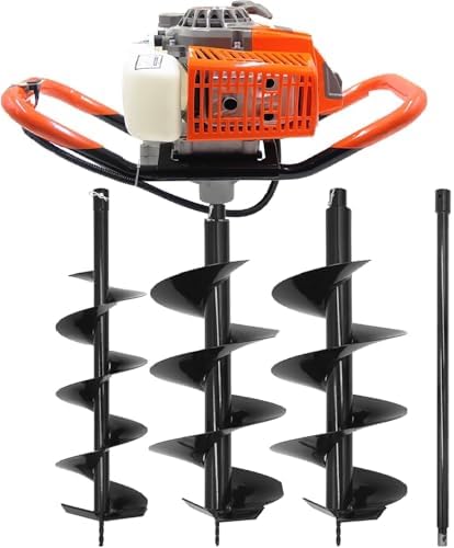 62CC Auger Post Hole Digger, 2 Stroke Gas Powered Earth Post Hole Digger with 2 Auger Drill Bits(6" & 8") + 1 Extension Rods for Farm Garden Plant, Orange (62CC)