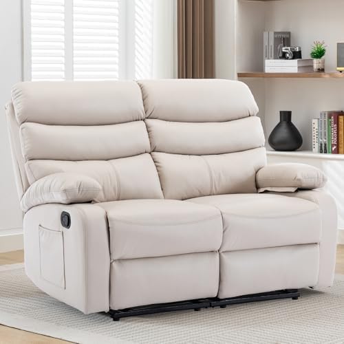 Reclining Loveseat, Leather Double Recliner Sofa with Side Pocket, Wall Hugger Loveseat Recliner for Living Room, RV, Home Theater(Beige)