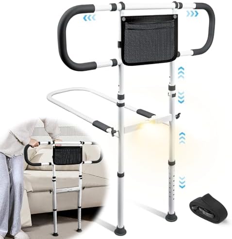AMOVO Bed Rails for Elderly Adults Safety Bed Guard Rails for Seniors Extended Handle Bed Assist Rail with Sensor Light Storage Pouch, Stable Bedside Cane Support Bar Grab, Fit King Queen Full Twin