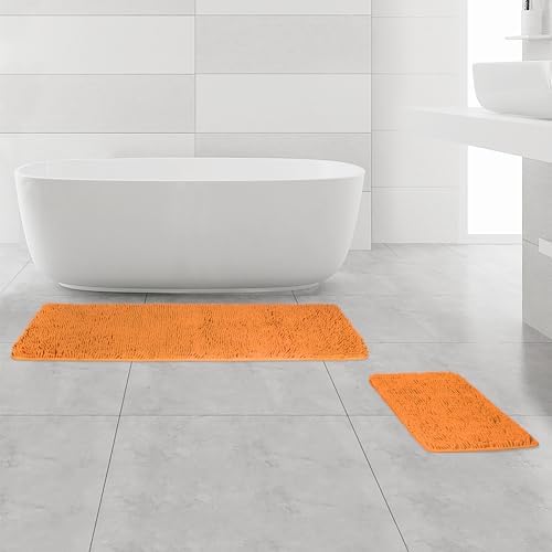 Yeaban Bathroom Rugs Sets 2 Piece – Thick Chenille Bath Mats | Absorbent and Washable Bath Rug Non-Slip, Soft Rugs for Bathroom, Shower, Sink(17" x 24"+17" x 47", Orange)