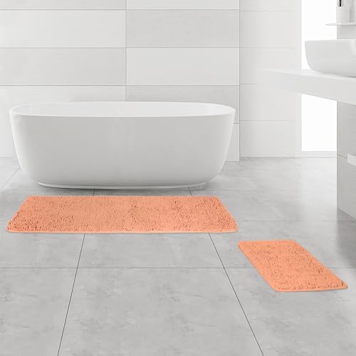 Yeaban Bathroom Rugs Sets 2 Piece – Thick Chenille Bath Mats | Absorbent and Washable Bath Rug Non-Slip, Soft Rugs for Bathroom, Shower, Sink(17" x 24"+17" x 47", Dusty Pink)