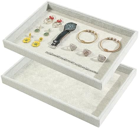 2pcs/Set Velvet Jewelry Tray, Grids Large Storage Tray for Bracelet Bangle Beads Display, Jewellery Organizer Box Tray for Home Drawer or Shop Store Selling Show (Grey Velvet)