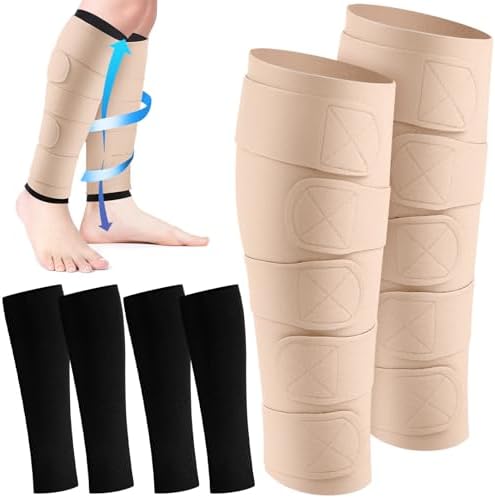 3 Pairs Lymphedema Compression Leg Wraps Adjustable Lower Leg Cover up Medical Shin Splint Wrap for Heaviness Fatigue(Black-complexion Leg Wrap)
