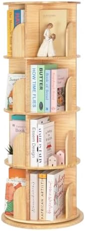 OOOK Rotating Bookshelf for Kids & Adults, 4-Tier 360° Spinning Solid Wood Book Organizer, Space-Saving Floor Standing Bookcase for Study Room, Bedroom, Living Room, Office