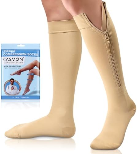 CASMON Zipper Compression Socks for Women & Men, 20-30 mmHg Closed Toe Knee High Support Sock, Medical Zip up Socks for Edema, Varicose Veins, Post-surgery, Swelling, Nurses, Pregnancy (1 Pair)