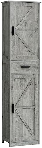 WEENFON Tall Storage Cabinet, Bathroom Cabinet with 6 Shelves & Drawer, Narrow Storage Cabinet with Adjustable Shelves, Tall Cabinet for Living Room, Home Office, Rustic Gray