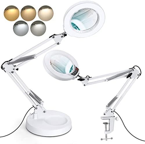 10X Magnifying Glass with Light and Stand, Upgrade Button 5 Color Modes Stepless Dimmable, 2-in-1 LED Lighted Magnifier Light, Hands Free Desk Lamp with Clamp for Craft Hobby Close Work - White