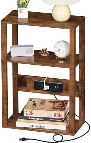 3-Tier Small Narrow Wood Side Table with Charging Station, Skinny Nightstand for Small Space, Slim Bedside Table with Storage for Couch, Thin End Table with USB Ports and Outlets, Rustic Brown