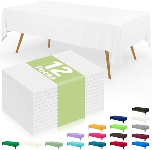 Smiry Disposable Table Cloth 12 Pack, 54 x 108 Inch Waterproof Plastic Tablecloth, Decorative Rectangle Table Covers for Party, Birthday, Picnic, White