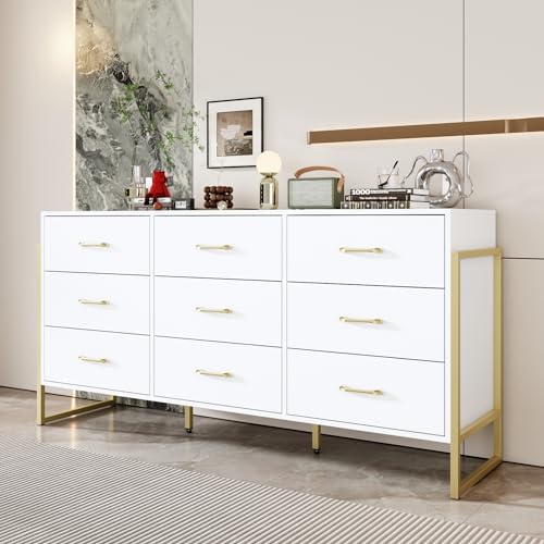 WOODTIME Modern 9 Drawer Dresser with Metal Legs, 61.4" Large Dressers & Chests of Drawers Storage Tower Organizer for Bedroom, Living Room, White