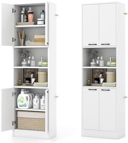 Tangkula 75" Tall Bathroom Storage Cabinet, Bathroom Floor Cabinet with 4 Doors & 2 Open Shelves, 4 Anti-toppling Devices, Freestanding Large Cabinet for Bathroom Living Room Kitchen (White, 75" H)