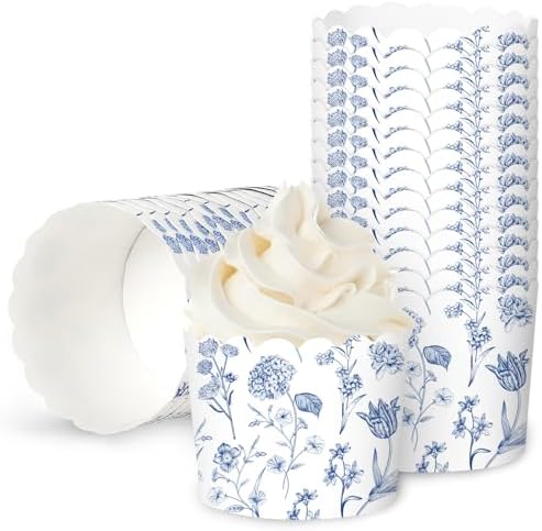 100Pcs Blue Floral Paper Baking Cups Blue White Wildflower Cupcake Wrappers Scalloped Edge Cupcake Muffin Cases for Party Supplies