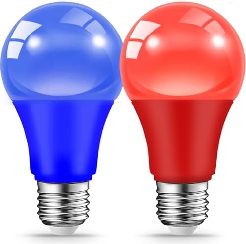 Blue Red Light Bulbs for Outdoor Porch, 9W(60W Equivalent) E26 Base LED Bulb for Memorial Day,Independence Day,Christmas,Halloween,Wedding,Party,Bar,Holiday,Home Decor, 2-Pack