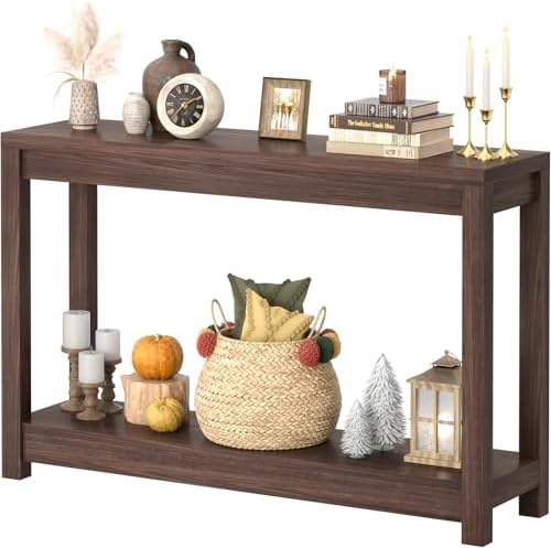 47" Farmhouse Wood Entryway Table Narrow Console Table with Storage Behind Couch Sofa Table with Shelves Entry Way Tables with Open Storage, Easy Assembly, Black Walnut