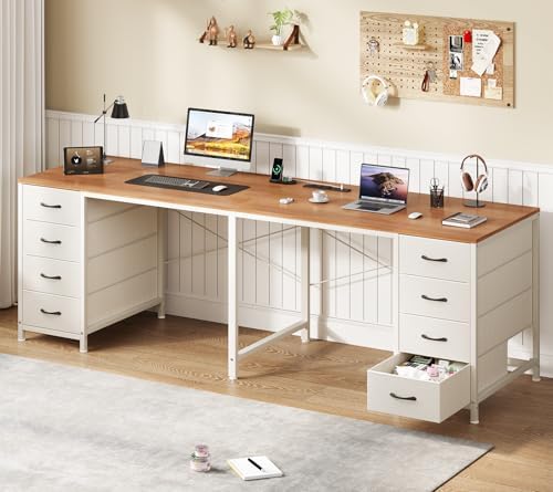 TVU 2 Person Desk with 8 Drawers, Large Home Office Computer Desk with Power Outlets, 78 Inch Long Double Desks for Two People, Antique White