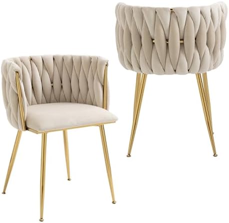 Nrizc Velvet Dining Chairs Set of 2, Woven Upholstered Dining Chairs with Gold Metal Legs, Modern Accent Chairs for Living Room, Dining Room, Kitchen