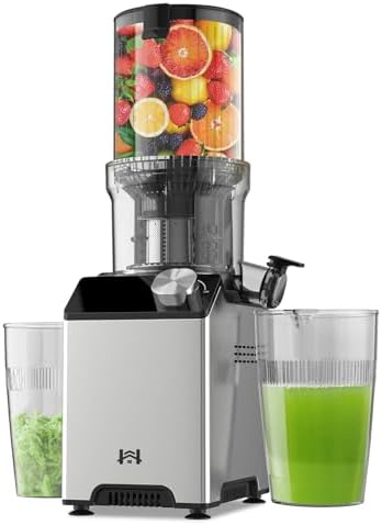 Cold Press Juicer, Juicer Machines with 4.35'' Wide Feed Chute, Stainless Steel Slow Masticating Juicers Easy to Clean, Vegetables & Fruits Juice Extractor, High Juice Yield, Platinum Color Knob