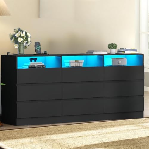 Auromie 9 Drawers Dresser, Double Modern Chest of Drawers with Power Outlet, Dresser TV Stand with Led Light Strip, Drawer Organizer for Bedroom, Living Room, Hallway (Dark Black, 9 Drawer)