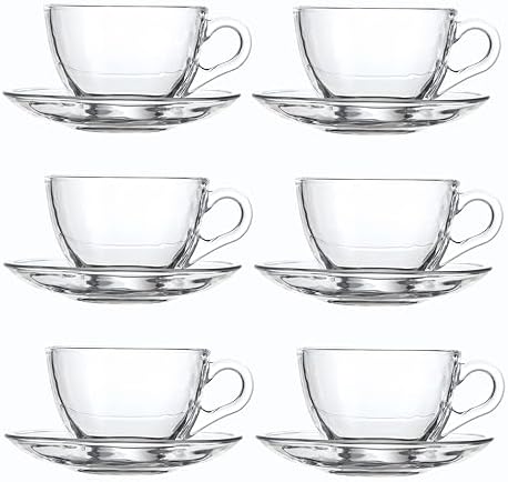 Glass Teacup and Saucer Set, 6 Pack Coffee Mug with Stainless Steel Spoon Suitable for Espresso Juice Cappuccino and More Beverage, 7OZ/210ML, Clear