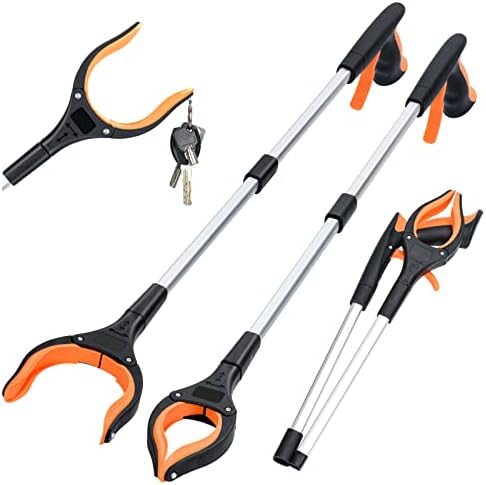 2-Pack Grabber Reacher Tool,32 Inch Extra Long Foldable Pick Up Stick with Strong Grip Magnetic,360°Rotating Anti-Slip Jaw,Trash Claw Grabber Tool,Trash Picker Tool for Outdoor & Indoor (Orange)