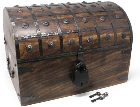 Nautical Cove Handmade Pirate Treasure Chest for Kids Prizes & Classroom with Lock and Skeleton Keys – Lockable Wooden Storage Chest Box, Pirate Decor, Decorative Wooden Box - X-Large 16x11x10.5