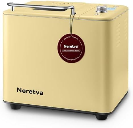 Neretva 20-IN-1 Bread Maker, Dual Heater 2LB Bread Machine Stainless Steel Bread Maker Machine Nonstick Ceramic Pan Compact for Gluten Free/Sourdough/Whole Wheat Bread/Yogurt, Breadmaker Recipe-Yellow