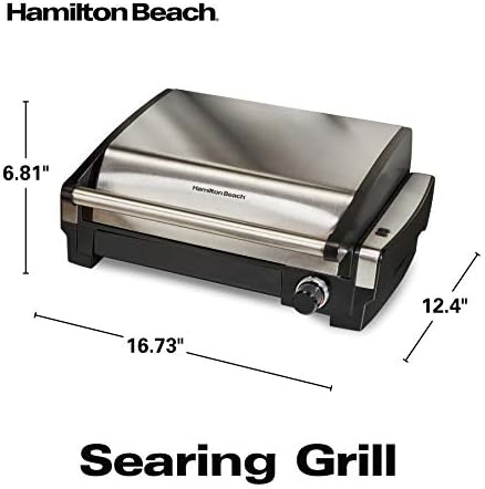 Hamilton Beach Electric Indoor Searing Grill with Adjustable Temperature Control to 450F, 118 sq. in. Surface Serves 6, PFAS-Free Removable Nonstick Grate, Stainless Steel (25360)