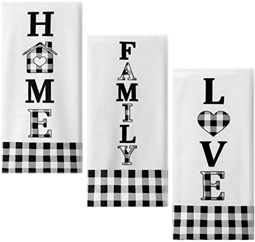 Tegeme 3 Pieces Christmas Kitchen Dish Towels Set Buffalo Plaid Home Family Love Kitchen Towel Black and White Plaid Country Fast Drying Farmhouse Decorative for Cooking Baking