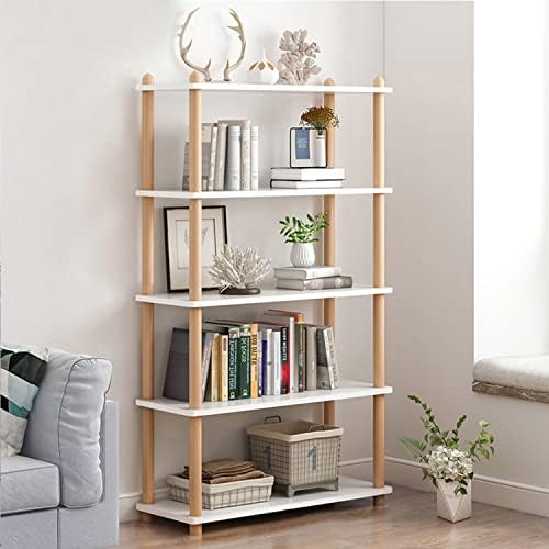 IOTXY 5-Tier Wooden Shelf Bookcase - Modern Open Bookshelf, Free Standing Storage Rack, Multifunctional Display Stand for Home and Office, White, Rectangle