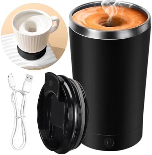 hatisan Self Stirring Coffee Mug With Lid Electric High Speed Self Stirring Mug 400ml Rechargeable Detachable Stainless Steel Self Stirring Cup for Coffee, Milk, Cocoa Christmas Gift(Black)