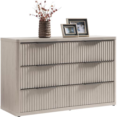 SICOTAS Dresser for Bedroom 53.5" Wide 6 Drawer Dressers & Chests of Drawers for Closet Long Large Modern TV Stand Set for Clothes Storage Fluted Clothes Closet for Hallway Entryway, White Alder