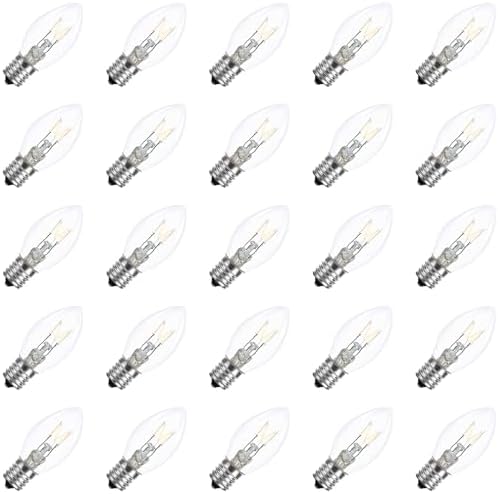 25 Pack C7 Clear Replacement Bulbs Waterproof UL Certified 5w Incandescent for Indoor/Outdoor Use and Christmas Tree String Lights