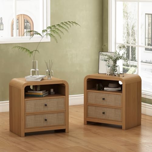 Oak&Sparrow Rattan Nightstand Set of 2, 23.6'' Rattan End Table with Ample Storage, Boho Nightstand with Charging Station, Thickened Curved Profile Design, Oak Nightstands for Living Room, Bedroom