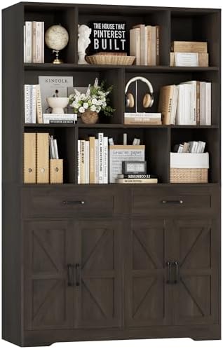 HOSTACK 71" Tall Bookcase with Drawer and Door, 47" Wide Book Shelf and Bookcase with Storage, 6 Tier Large Book Storage Cabinet with 14" Deep Display Shelves for Living Room, Home Office, Dark Brown