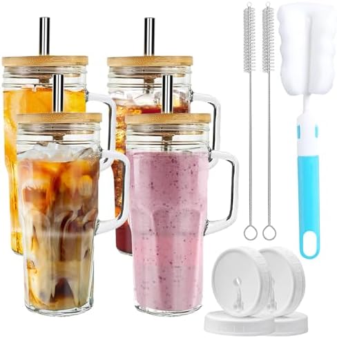 YUANYE 4 Piece 24oz Mason Handle Glass Cups with Lids and Straws -Drinks Enthusiasts Essential Glasses Drinking Set, Perfect for Iced Coffee and Beer,fruit water，Tea and Coffee