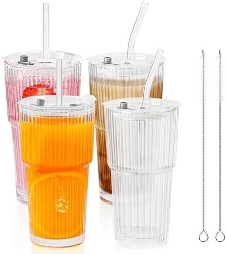 4 Pack 20 Oz Glass Cups with Lids and Straws Iced Coffee Cups Vintage Ribbed Glassware for Beer Ice Coffee Fruit Juice Elegant Aesthetic Cup Glass Iced Coffee Tumbler Include 2 Cleaning Brushes