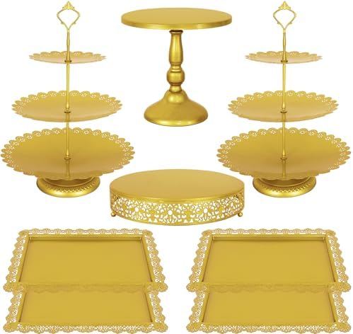 Fivenl 8 Pcs Cake Stand Gold Metal Dessert Table Display Set, 3-Tier Cupcake Stand, Cake Display Tower and Cookie Tray Rack Serving Tray for Birthday Party, Weddings, Baby Shower (Gold)