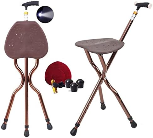 Folding Cane Seat Sturdy Lightweight Adjustable Handle Legs with LED Light Cushion for Elderly Walking Stick 300 lbs Large Plate