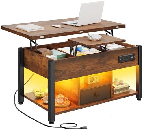 YITAHOME 4-in-1 Lift Top Coffee Table with RGB Light & Dual Tops, Multi-Function Table with Power Outlets, Storage, Converts to Dining Table Computer Desk Gaming Hub, Living Room, Home Office, Brown