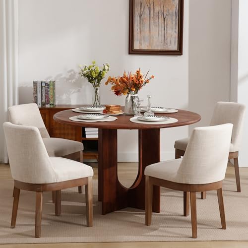 Modern Dining Chairs Set of 4 Comfortable Dining Room Chairs with Back, Linen Fabric Upholstered Kitchen Side Chairs with Natural Wood Legs for Living Room, Beige