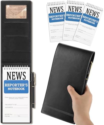 3 Pcs Reporters Notebook with PU Leather Cover Pen Journalists Notebook Steno Pads Top Spiral Lined Notepad Gifts for Christmas Graduation Reporter Journalists(Black,4" X 8")