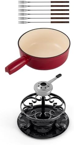 Swissmar Lugano Cast Iron Cheese Fondue Set, 9-Piece, 2 QT / 2 L - Ideal for Melting Cheese, Chocolates, Caramel, & More - Perfect for Kitchen Collection & Gift Giving - Cherry Red