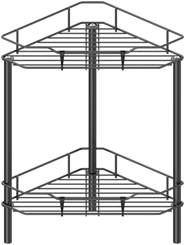 2 Tier Floor Standing Corner Shower Caddy Organizer Shelf with Hooks, Bathroom Shelves Stand Rack, Black