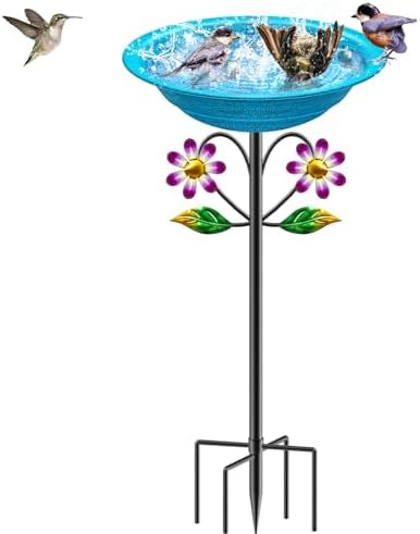 Metal Bird Bath for Outside Garden Birdbath Bowl, Freestanding Bird Feeders for Outdoors with 5 Prongs Base Stake, Standing Birdfeeders Bath Bowl for Yard Decor (Retro Blue)